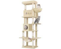TamTrade Krabpaal - Kattentoren - Kattenmeubel - Kattenhuis - Kattenboom - Sisal krabpalen - 210cm - Anti-kantel beveiliging - Beige