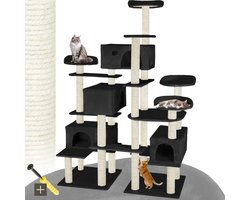 tectake® Grote Kattenkrabpaal – 214cm Zwart – XXL Krabmeubel met 4 Kattenhuisjes, Speeltoren, Ligplaatsen en Sisalpalen – Wandmontage Mogelijk – Kattenkrabpaal, Kattenhuis, Kattenboom