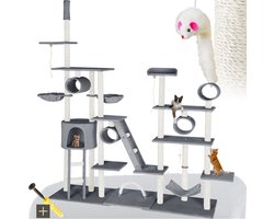 tectake® Grote kattenkrabpaal - Krabpaal met accessoires - Plafondhoog xxl krabpaal - Speeltoren met ligplaatsen, sisal palen, hangmat, kattentrap, tunnels - Wandmontage mogelijk - Afmeting (LxBxH) 218 x 70 x 229,5 cm - 261 cm - Grijs