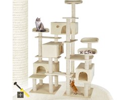 tectake® Grote kattenkrabpaal - Krabpaal met accessoires - XXL krabpaal met 4x kattenhuisjes - Speeltoren met ligplaatsen, sisal palen - Wandmontage mogelijk - Hoogte 214cm - Beige