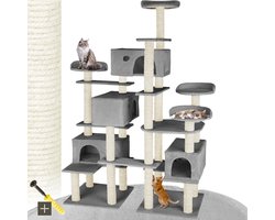 tectake® Grote kattenkrabpaal - Krabpaal met accessoires - XXL krabpaal met 4x kattenhuisjes - Speeltoren met ligplaatsen, sisal palen - Wandmontage mogelijk - Hoogte 214cm - Grijs