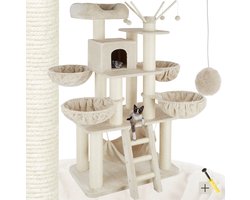 tectake® Kattenboom XXL - Grote Krabpaal, 195 cm - Plafondhoge krabpaal - Klimboom met ligmanden, hangmatjes, trap en huisjes - Stabiel met sisal bekleed - Speelboom voor katten - beige / wit