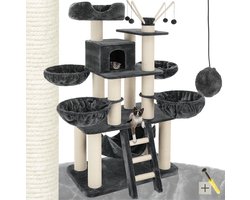 tectake® Kattenboom XXL - Grote Krabpaal, 195 cm - Plafondhoge krabpaal - Klimboom met ligmanden, hangmatjes, trap en huisjes - Stabiel met sisal bekleed - Speelboom voor katten - Grijs/Wit