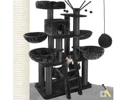tectake®- Kattenboom XXL - Grote Krabpaal, 195 cm - Plafondhoge krabpaal - Klimboom met ligmanden, hangmatjes, trap en huisjes - Stabiel met sisal bekleed - Speelboom voor katten - Zwart