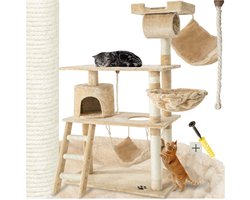 tectake® Kattenkrabpaal 141 cm – Krabpaal, Klimboom met Hangmat, Grot, Speeltouw en Trap – Pluche & Sisal – Extra Breed – Kattenhuis voor Binnen – Beige