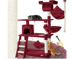 tectake® Kattenkrabpaal 141 cm – Krabpaal, Klimboom met Hangmat, Grot, Speeltouw en Trap – Pluche & Sisal – Extra Breed – Kattenhuis voor Binnen – Wijnrood