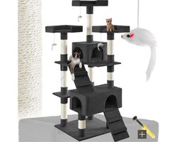 tectake® Kattenkrabpaal – 70x54x170cm Zwart – Meerdere Niveaus met 2 Huisjes, 3 Uitkijkplatforms en 4 Speelmuizen – Stevig Krabmeubel met Pluche Bekleding – Kattenkrabpaal, Kattenhuis, Kattenboom