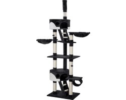 tectake® Kattenkrabpaal XXL – Plafondhoog 243-260cm – Verstelbare Krabpaal met Trap, Grot, Buis, Ligmand en Sisalzuil – Zwart/Wit – Kattenhuis, Kattenboom, Krabmeubel voor Binnen