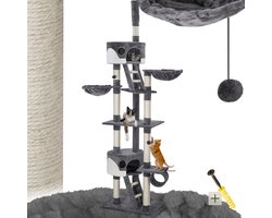 tectake® Kattenkrabpaal XXL – Plafondhoog 243-260cm – Verstelbare Krabpaal met Trap, Grot, Buis, Ligmandjes en Sisalzuilen – Grijs/Wit – Kattenhuis, Kattenboom, Krabmeubel voor Binnen