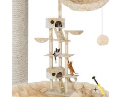tectake® Kattenkrabpaal XXL – Plafondhoog 243-260cm – Verstelbare Krabpaal met Trap, Huisjes, Buis, Ligmandjes en Sisalzuilen – Beige/Wit – Kattenhuis, Kattenboom, Krabmeubel voor Binnen