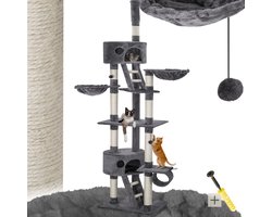 tectake® Kattenkrabpaal XXL – Plafondhoog 243-260cm – Verstelbare Krabpaal met Trap, Huisjes, Buis, Ligmandjes en Sisalzuilen – Grijs – Kattenhuis, Kattenboom, Krabmeubel voor Binnen