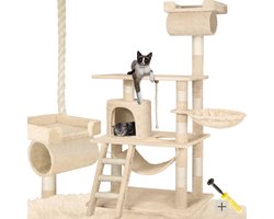 tectake® Krabpaal voor Katten – 141cm Beige – Grote Krabmeubel met Hangmat, Grot, Trap, Buis en Speelkoord – Sisal en Pluche – Kattenkrabpaal voor Speelplezier en Rust