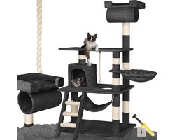 tectake® Krabpaal voor Katten – 141cm Zwart – Krabmeubel met Hangmat, Grot, Trap, Buis en Speelkoord – Sisal en Pluche – Grote Kattenkrabpaal voor Speelplezier en Rust