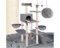 tectake® XXL Grote krabpaal voor katten - Incl. accessoires, ligmandjes, kattenhangmat, kattenhuis, speelgoed en sisaltouw - Kattenboom met krabpaal - Hoogte ca. 165 cm - grijs