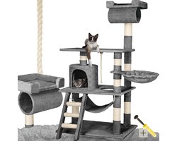 Tectake® XXL Krabpaal voor Katten – 141cm Grijs – Krabmeubel met Hangmat, Ligmand, Grot, Trap, Buis en Speelkoord – Sisal en Pluche – Kattenkrabpaal, Kattenhuis, Speelplezier