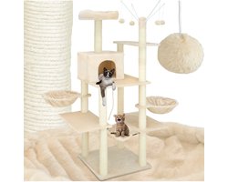 tectake® XXL Krabpaal voor Katten – 165cm Beige – Grote Kattenboom met Ligmandjes, Hangmat, Huisje, Speelgoed en Sisaltouw – Krabmeubel, Kattenhuis, Kattenkrabpaal, Speelplezier