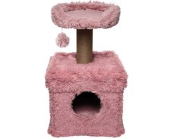Topmast Krabpaal Fluffy Lima - Roze - 39 x 39 x 72 cm - Made in EU - Krabpaal voor Katten - Met Kattenhuis - Sterk Sisal Touw
