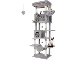 UrbanSelect Krabpaal Groot - Krabpaal voor katten - Kattenmand - 50 x 60 x 210 cm - 2 Grote grotten - 2 Ruime ligplekken - Lichtgrijs