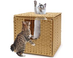Verborgen Kattentoilet Meubel - Handgeweven Kattenhuis met Deur en Scheidingswand (50 x 52 x 45 cm)