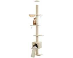 Verstelbare Kattenboom met Hangmat en Mand, Veiligheidsgordel, Hoogte 216-273 cm, Beige