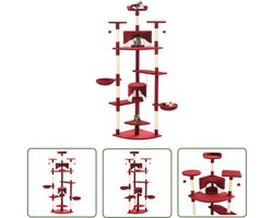 vidaXL Kattenboom - Kattenkrabbers - Kattenkrabpaal met sisal krabpalen 203 cm rood en wit - Kattenspullen - Pluche Kattenhuis - Sisalkrabbers
