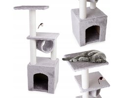 Viking Choice Krabpaal Grijs 30x30x95cm - Kattenkrabpaal met Huisje, Tunnel & 3 Niveaus - Geschikt voor Kittens