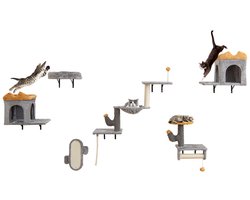 Wandgemonteerde Katten Toren-set Ruimtebesparende Krabpaal-set met 2-Niveau Platform Grijs