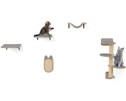 Wandkattenboom Meubel met 4 Niveaus Hangmat Krabplank & Mat 2 Springplatforms Ruimtebesparende Klimboom voor Binnenkatten