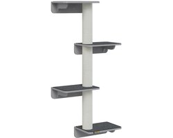 Krabpaal: Wandkattenkrabpaal 66x28x137cm, muurmontage van MDF lichtgrijs-beige met 4 platforms en sisalkrabpaal