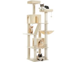 Whoopr® XXL Cat TowerCat - Kattenboom - Kattenhuis - Krabpaal - Hoge Kattentoren met Meerdere Niveaus - Pluche Kattenflat met Krabpalen, Krabplanken, Zitstokken en Grotten - 65x82x180 cm - Beige