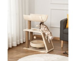 Wishdor - Kattenkrabpaal - Meerdere Niveaus En Krabmat - Met Ligbed En Speelballetjes - Voor Binnen - Zachte Bekleding - Naturel - 60 X 30 X 76 Cm