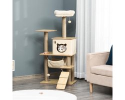 Wishdor - Kattenkrabpaal - Met Hangmat, Huis En Ladder - Voor Spelen En Rusten - Spaanplaat, Jute En Pluche - Geel - 60 X 40 X 130 Cm