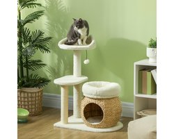 Wishdor - Kattenkrabpaal - Met Kattenhuis, Ligbedden En Speelbal - Modern - Voor Binnen - Spaanplaat, Sisal En Pluche - Crèmewit - 60 X 40 X 79 Cm