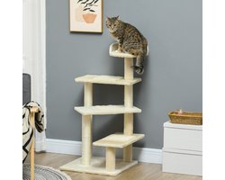 Wishdor - Kattenkrabpaal - Met Sisalpalen En Uitkijkplatform - Meerdelig Ontwerp - Voor Kleine En Middelgrote Katten - Pluche - Beige - 50 x 50 x 100 cm