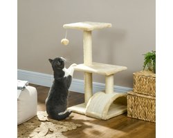 Wishdor - Krabpaal - Meerdere Niveaus En Hangende Bal - Met Platform En Krabmat - Spaanplaat, Sisal En Pluche - Crème - 40 X 35 X 72 Cm