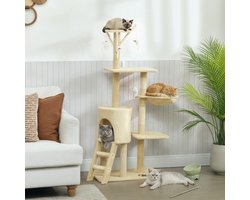 Wishdor - Krabpaal - Met Grot En Slaapnest - Met Speeltjes - Voor Katten Tot 5 Kg - Polyester - Beige - 60 x 35 x 134 cm