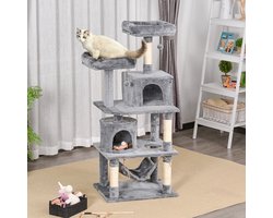 Wishdor - Krabpaal - Met Kattenhol En Hangmat - Speelmeubel - Voor Actieve Katten - Spaanplaat En Sisal - Grijs - 60 X 50 X 145 Cm