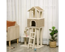 Wishdor - Krabpaal - Met Kattenhuis En Speelballetjes - Voor Binnen - Spaanplaat En Pluche - Khaki - 69 X 40 X 131 Cm