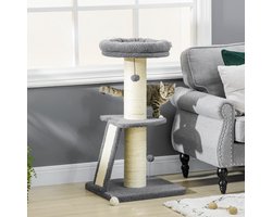 Wishdor - Krabpaal - Met Platform En Speelballetjes - Voor Binnen - Polyester En Sisal - Donkergrijs - 48 x 48 x 92 Cm