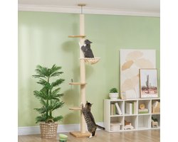 Wishdor - Krabpaal Tot Het Plafond - Met Anti-Kantelbeveiliging En Sisaltouw - Voor Klimmen En Rusten - Houtmateriaal En Polyester - Eikenkleur - 40 X 40 X 230-250 Cm