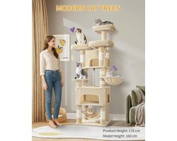 Krabpaal: XL Kattenboom van 176 cm met 3 Platforms, 2 Verstopgrotten en Hangmat - Luxe Krabpaal voor Meerdere Katten