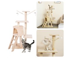 XL Kattenkrabtoren Wit - Krabtoren - Krabpaal - Huis voor Katten - Krabton - Kattenhuis - 45x30x110cm - Beige - 6 Palen, 4 Planken, 1 Ladder, 1 Nest, 2 Speelgoedmuizen met Stokken en Touw