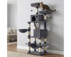 XL Krabpaal -168 cm - Kattenboom met 13 Krabpalen - 2 Platformen en 2 Grotten - Mand - Hangmat - Pluche Ballen - Meerlaagse Krabpaal - Rookgrijs