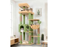 XL Krabpaal voor grote katten - 167 cm hoog met groot platform, kattenhuis, mand en sisal krabpalen - Geschikt voor 2-4 katten - Stabiel design met muurbevestiging - Groen cactus design