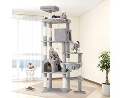 XXL Kattenboom 213 cm - Grote Krabpaal met 2 Huisjes, Platform, Mand en Zitstang - Lichtgrijze Kattentoren voor Volwassen en Grote Katten