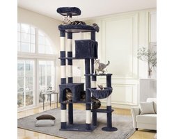 XXL kattenboom 213 cm hoog - Grote krabpaal met 2 huisjes, platform, mand en sisal krabpalen - Geschikt voor grote katten en huishoudens met meerdere katten - Model F83, Donkergrijs