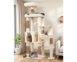XXL Kattenboom Beige - 167 cm Hoge Krabpaal met Groot Platform, Kattenhuis en Mand voor Grote Katten tot 7kg+ - Stabiele Kattentoren met Sisal en Pluche Speeltjes