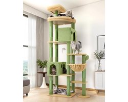 XXL Kattenboom Cactus - 213 cm Hoge Krabpaal met 2 Huisjes, Groot Platform, Mand en Sisal Krabpalen - Stabiel voor Grote Katten zoals Maine Coon - Groen