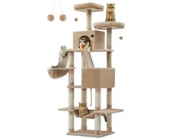 XXL Klimpaal voor Katten 206 cm Hoog met 13 Krabmogelijkheden, Mand en Hangmat - Camelkleur