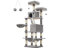 XXL Krabpaal - 168 cm hoge krabpaal met 13 krabpalen - 1 krabhelling - 2 platforms - 2 grotten - mand - hangmat - pompons - kattenkrabpaal met meerdere niveaus voor grote katten, -Lichtgrijs